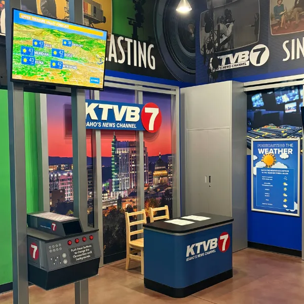 Kid-sized news station with spots for weather and regular reporting