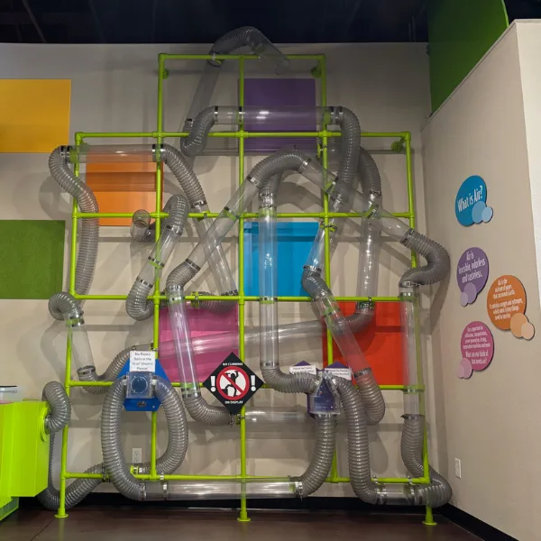 Giant wall of twisting tubes that fluffy balls fly through